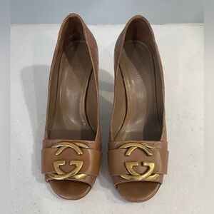 Gucci Caramel Guccissima Leather Interlocking Peep Toe Pumps - 36